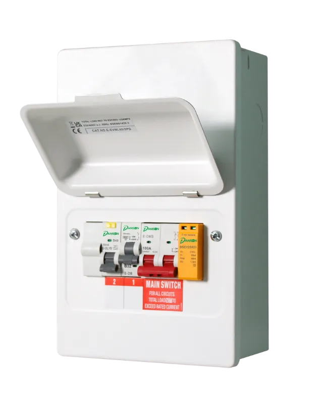 Danson-EV-Consumer-Unit-100A-Switch-SPD-40A-RCBO-Type-A.png.webp EV Consumer Unit with 100A Main Switch + T2 SPD & B-32A MCB + B-40A 30mA Bi-Directional RCBO TYPE A + 1 X BLANK - Image 1