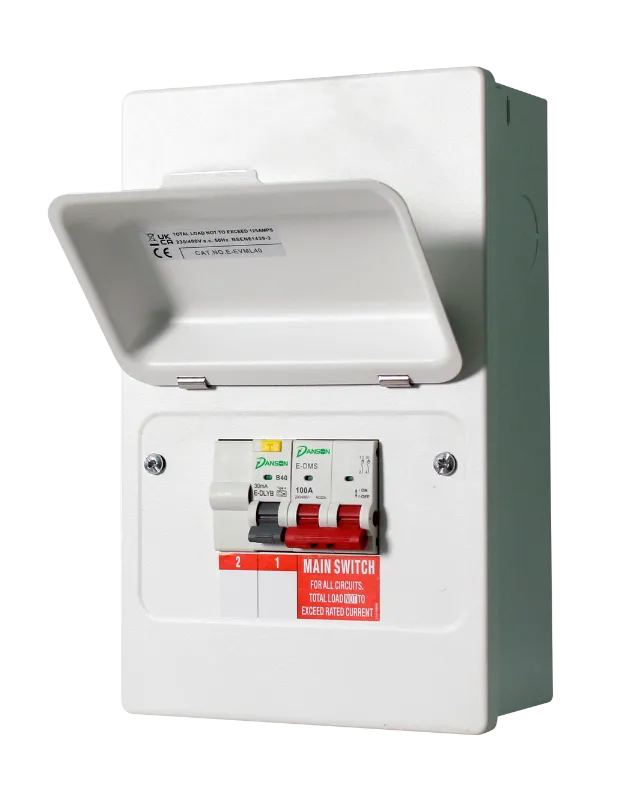 Danson-EV-consumer-unit-100A-main-switch-40A-RCBO-Type-A.png.webp EV Consumer Unit with 100A Main Switch + 1 X B-Curve 40A/30mA Bi-Directional RCBO TYPE A + 1 X Blank - Image 1